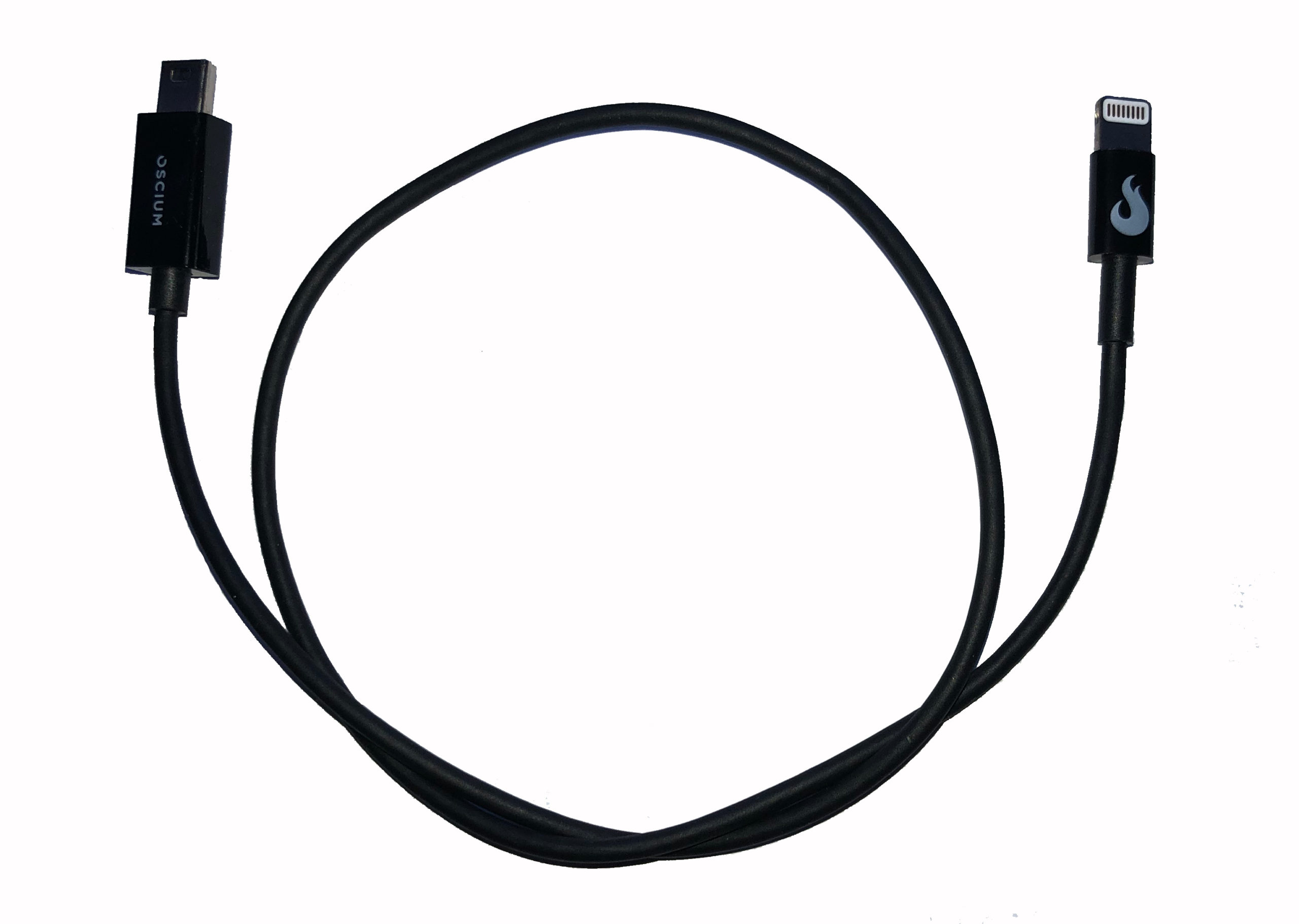 Oscium mini-B to lightning cable, top down view.